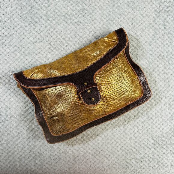 TYLIE MALIBU Gold Croc Brown Leather Suede Hobo Slouchy Oversized Clutch RARE - Picture 1 of 9